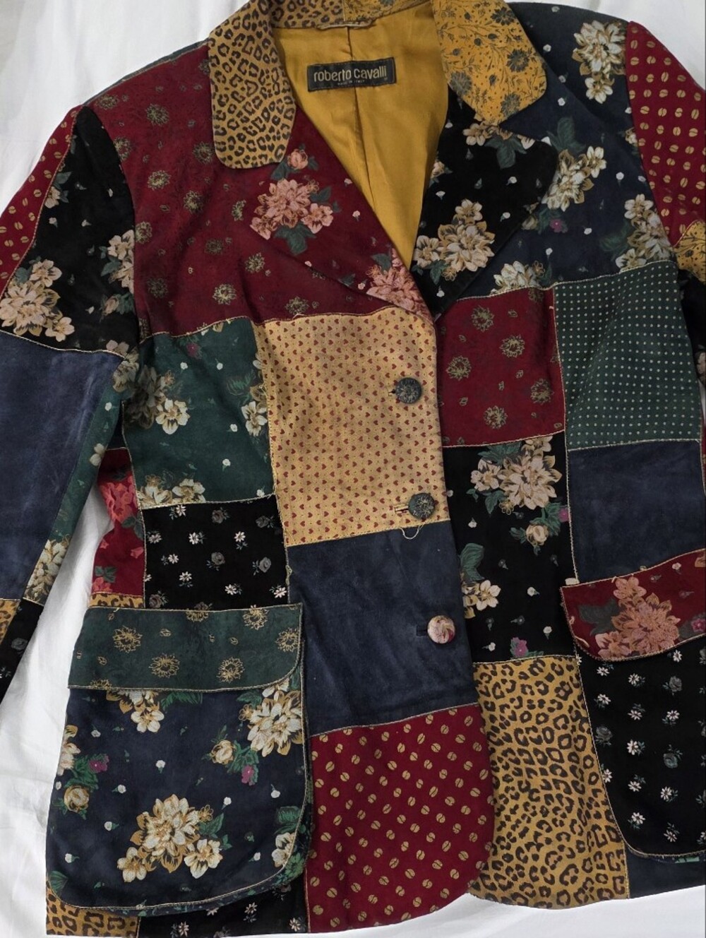 Roberto Cavalli Suede Leather Colourful Floral Print Blazer Jacket Vintage Large